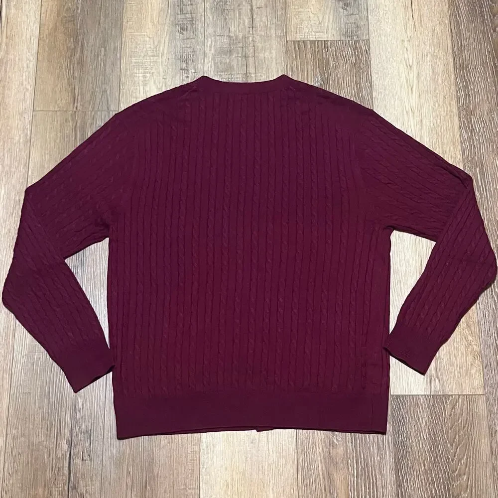 Kallspin Wool Blend Cable Knit Cardigan Sweater XL V-Neck Maroon Grandpa Preppy
